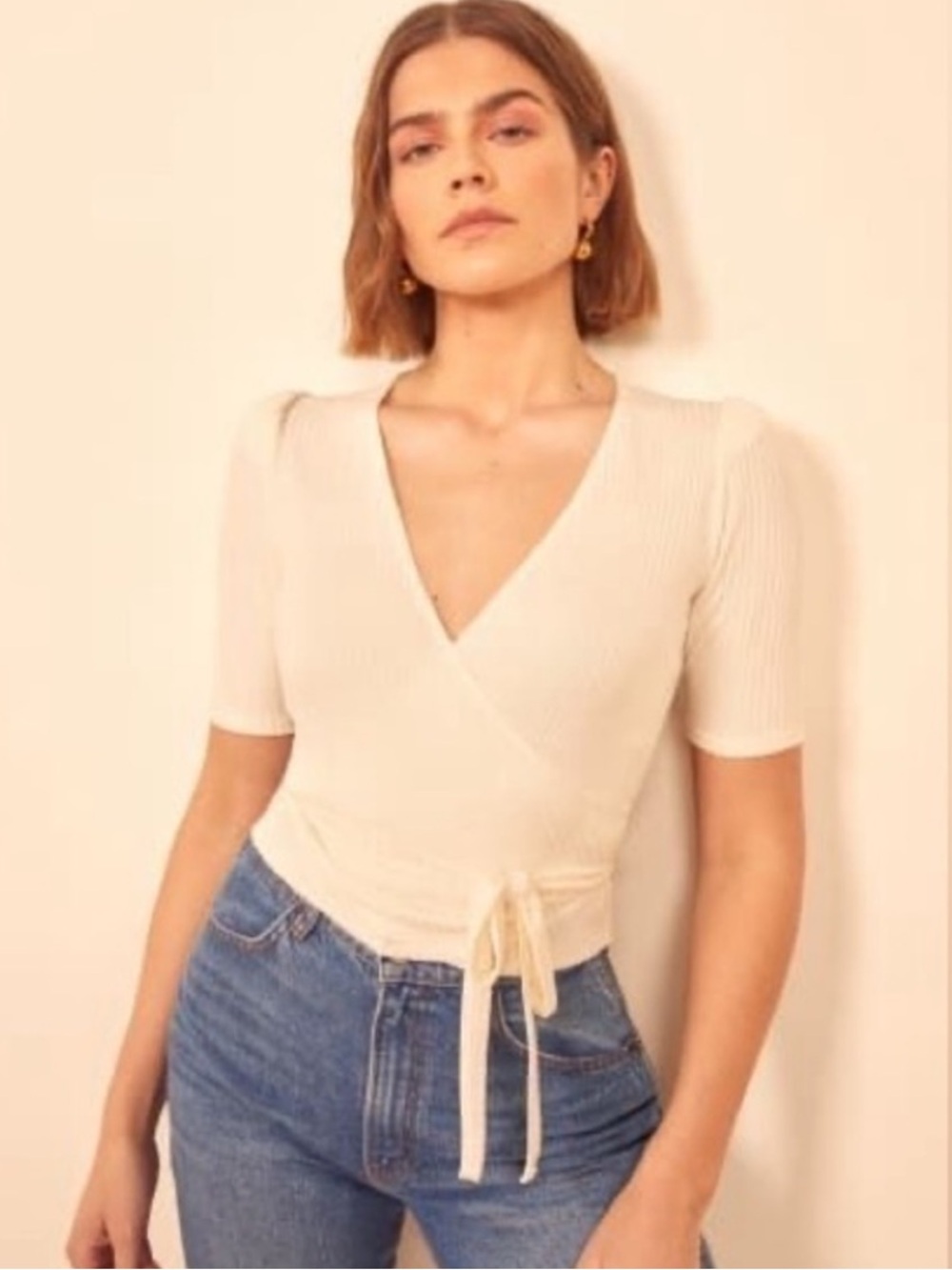 Reformation White Ribbed Wrap Tie Half-Sleeve Top